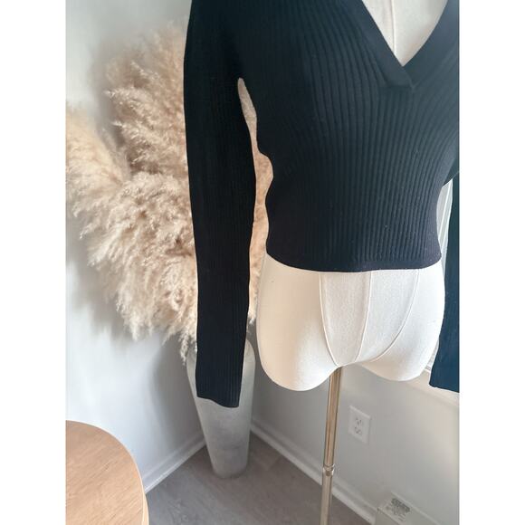 Babaton Black Ribbed Sculpt Knit Polo Long Sleeve Crop Sweater Small Collared - Picture 4 of 10